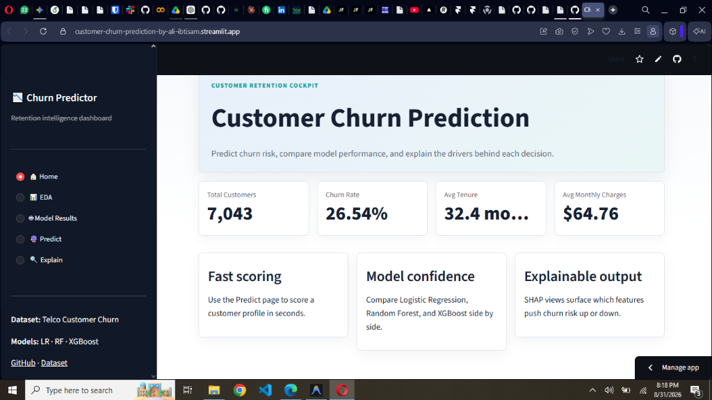 Customer Churn Prediction & Explainability Dashboard Real Screenshot